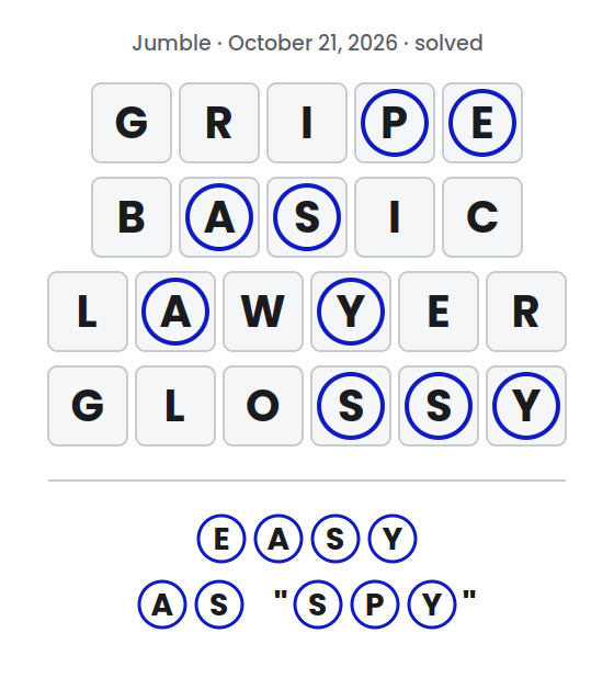 Solved Jumble puzzle for October 21, 2026 showing the answer words GRIPE, BASIC, LAWYER and GLOSSY with their circled letters marked and the final answer EASY AS "SPY".