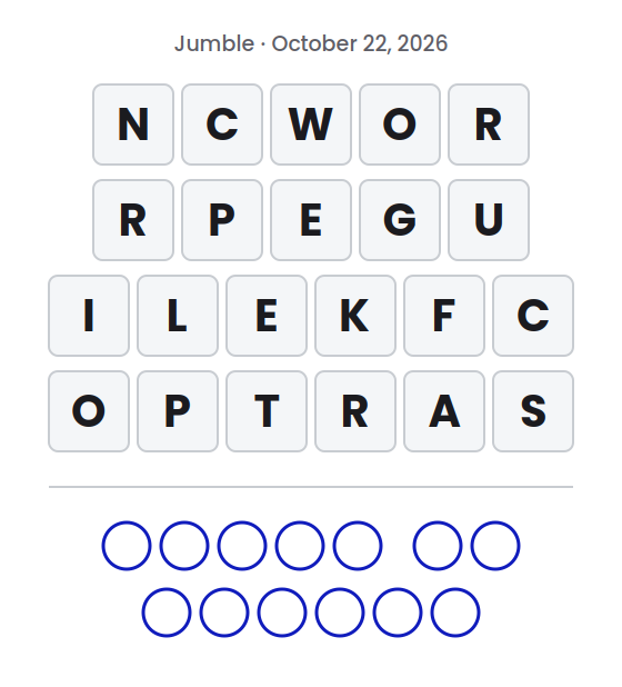 Jumble puzzle for October 22, 2026 with letter tile rows showing NCWOR, RPEGU, ILEKFC and OPTRAS and empty circles for the final answer.