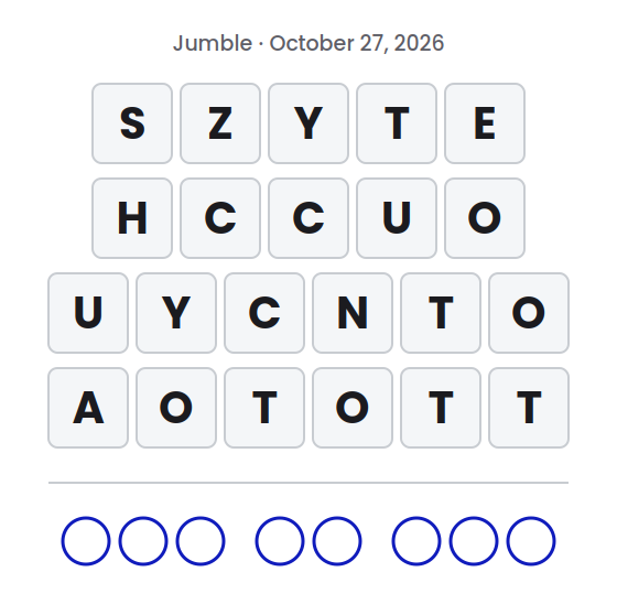Jumble puzzle for October 27, 2026 with letter tile rows showing SZYTE, HCCUO, UYCNTO and AOTOTT and empty circles for the final answer.