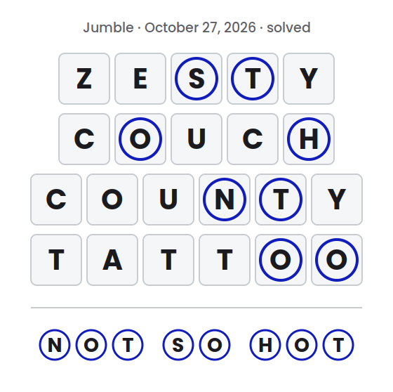 Solved Jumble puzzle for October 27, 2026 showing the answer words ZESTY, COUCH, COUNTY and TATTOO with their circled letters marked and the final answer NOT SO HOT.