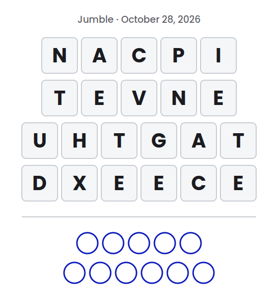 Jumble puzzle for October 28, 2026 with letter tile rows showing NACPI, TEVNE, UHTGAT and DXEECE and empty circles for the final answer.