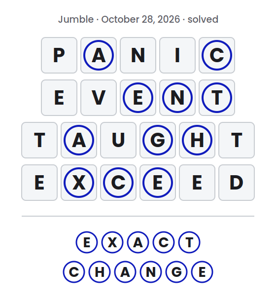 Solved Jumble puzzle for October 28, 2026 showing the answer words PANIC, EVENT, TAUGHT and EXCEED with their circled letters marked and the final answer EXACT CHANGE.