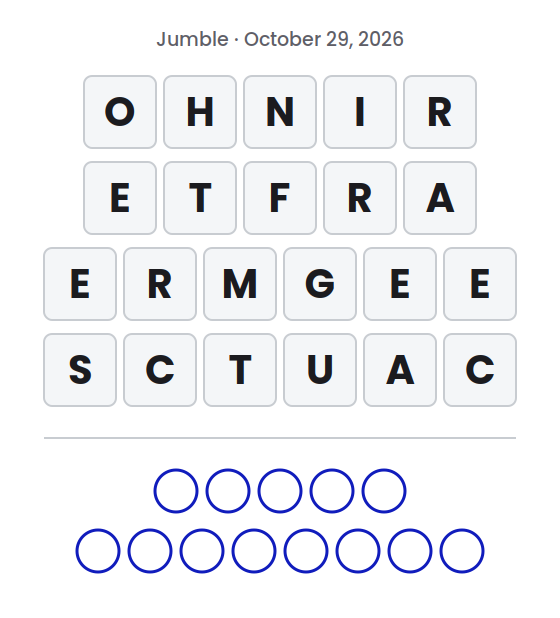 Jumble puzzle for October 29, 2026 with letter tile rows showing OHNIR, ETFRA, ERMGEE and SCTUAC and empty circles for the final answer.