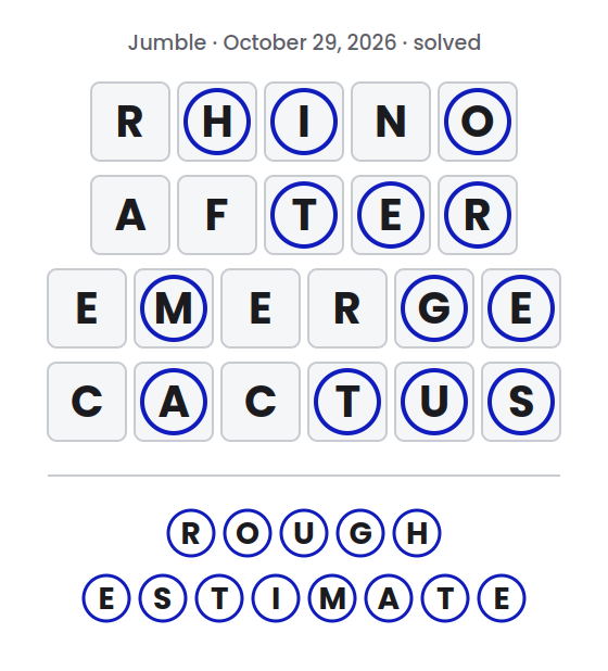 Solved Jumble puzzle for October 29, 2026 showing the answer words RHINO, AFTER, EMERGE and CACTUS with their circled letters marked and the final answer ROUGH ESTIMATE.