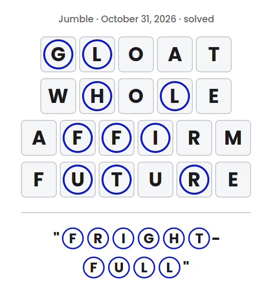 Solved Jumble puzzle for October 31, 2026 showing the answer words GLOAT, WHOLE, AFFIRM and FUTURE with their circled letters marked and the final answer "FRIGHT-FULL".