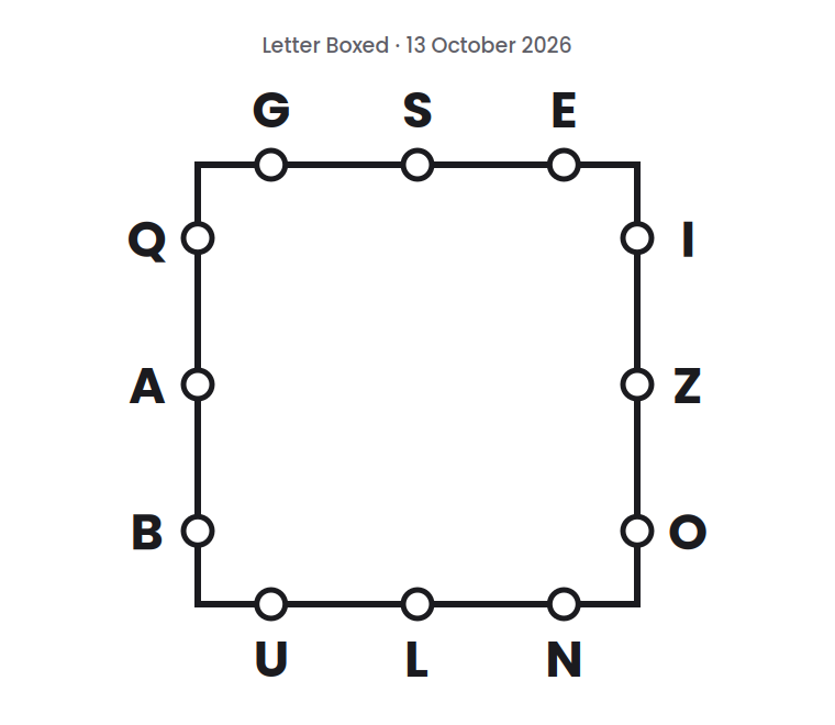 Letter Boxed square for 13 October 2026, with three letters on each side: G S E on top, I Z O on the right, U L N on the bottom, and Q A B on the left.