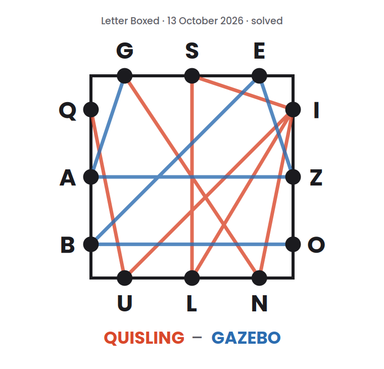 Letter Boxed square for 13 October 2026, with lines drawn from letter to letter to show a two-word solution: QUISLING followed by GAZEBO.