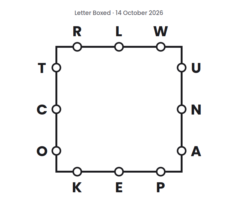 Letter Boxed square for 14 October 2026, with three letters on each side: R L W on top, U N A on the right, K E P on the bottom, and T C O on the left.