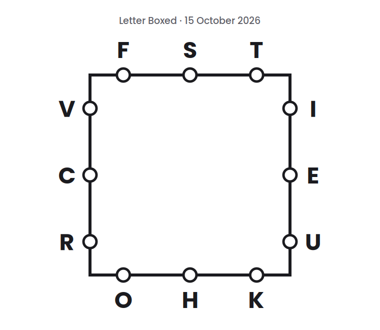 Letter Boxed square for 15 October 2026, with three letters on each side: F S T on top, I E U on the right, O H K on the bottom, and V C R on the left.