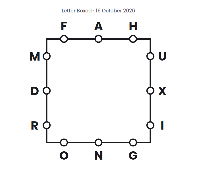 Letter Boxed square for 16 October 2026, with three letters on each side: F A H on top, U X I on the right, O N G on the bottom, and M D R on the left.
