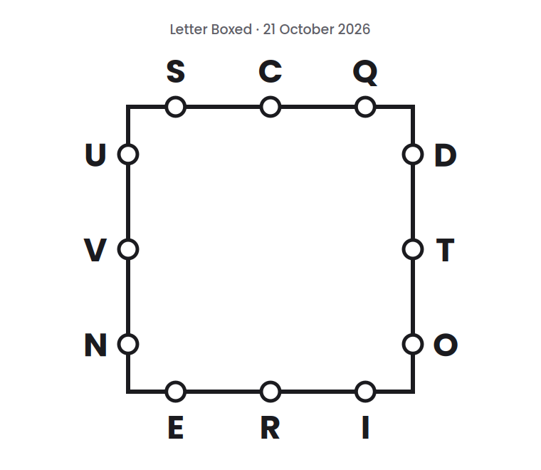 Letter Boxed square for 21 October 2026, with three letters on each side: S C Q on top, D T O on the right, E R I on the bottom, and U V N on the left.