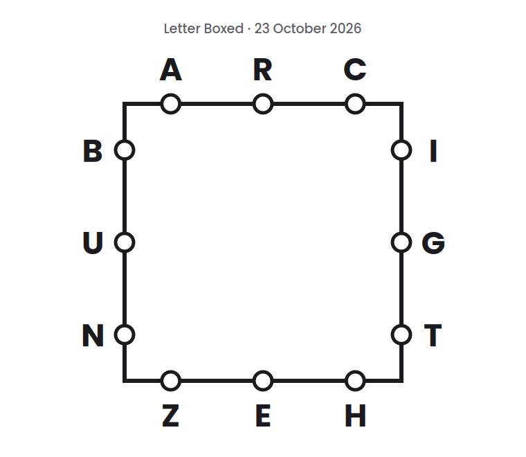 Letter Boxed square for 23 October 2026, with three letters on each side: A R C on top, I G T on the right, Z E H on the bottom, and B U N on the left.