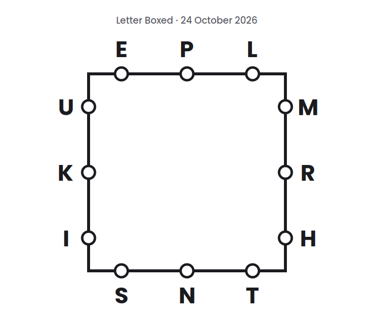 Letter Boxed square for 24 October 2026, with three letters on each side: E P L on top, M R H on the right, S N T on the bottom, and U K I on the left.