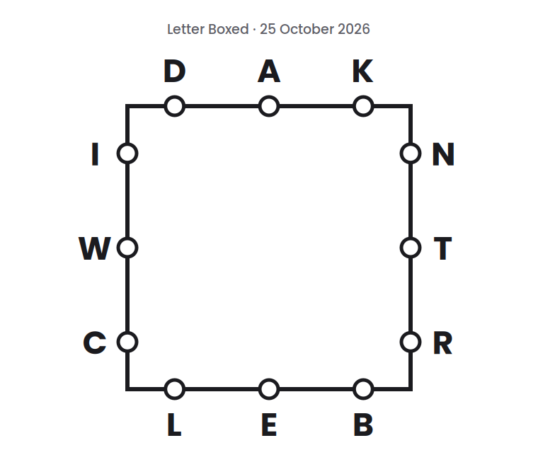 Letter Boxed square for 25 October 2026, with three letters on each side: D A K on top, N T R on the right, L E B on the bottom, and I W C on the left.