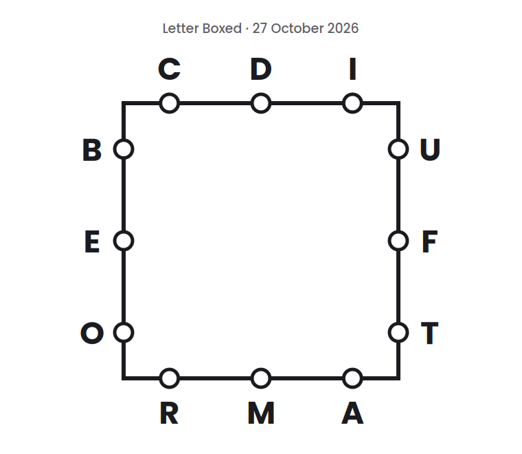 Letter Boxed square for 27 October 2026, with three letters on each side: C D I on top, U F T on the right, R M A on the bottom, and B E O on the left.