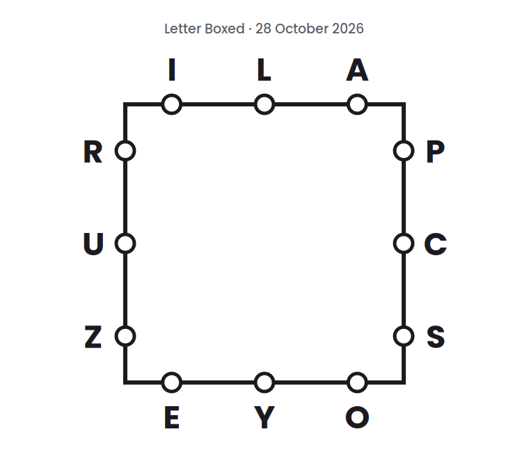 Letter Boxed square for 28 October 2026, with three letters on each side: I L A on top, P C S on the right, E Y O on the bottom, and R U Z on the left.