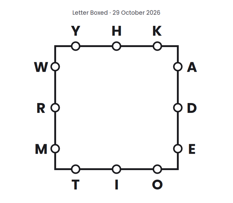 Letter Boxed square for 29 October 2026, with three letters on each side: Y H K on top, A D E on the right, T I O on the bottom, and W R M on the left.