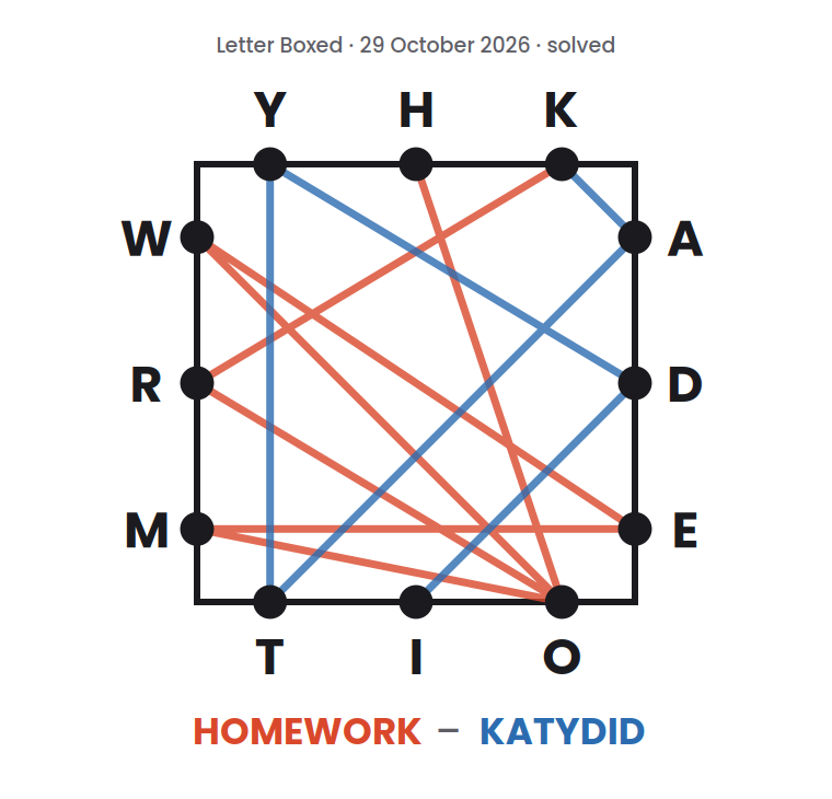 Letter Boxed square for 29 October 2026, with lines drawn from letter to letter to show a two-word solution: HOMEWORK followed by KATYDID.