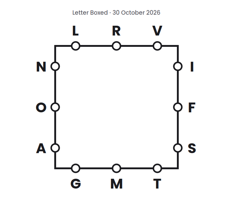 Letter Boxed square for 30 October 2026, with three letters on each side: L R V on top, I F S on the right, G M T on the bottom, and N O A on the left.
