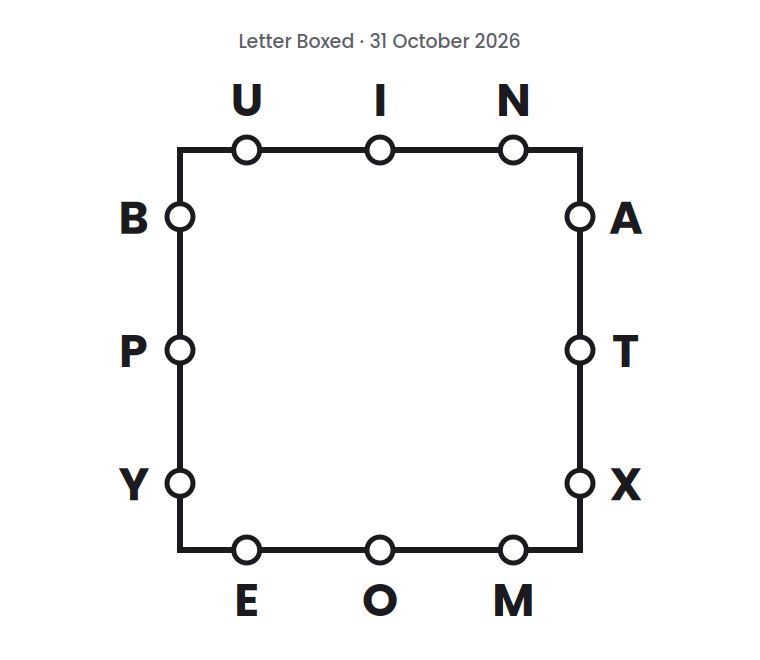 Letter Boxed square for 31 October 2026, with three letters on each side: U I N on top, A T X on the right, E O M on the bottom, and B P Y on the left.