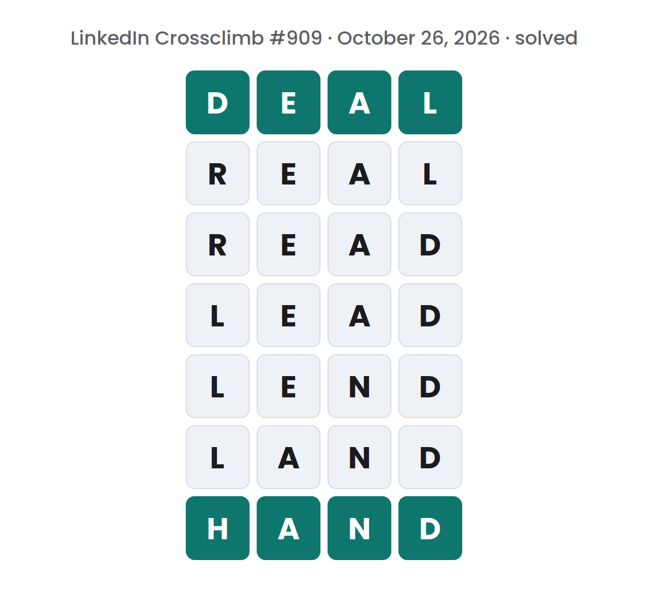 Solved LinkedIn Crossclimb ladder for October 26, 2026, with seven rows of letter tiles spelling DEAL, REAL, READ, LEAD, LEND, LAND and HAND from top to bottom and darker top and bottom rows.