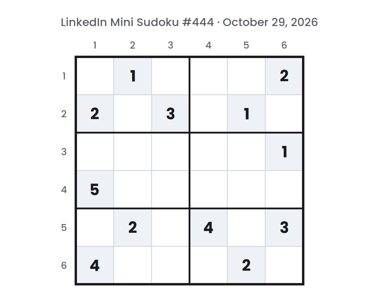LinkedIn Mini Sudoku board for October 29, 2026 as the game starts: a six by six grid in six regions, with given numbers on gray cells and row and column numbers