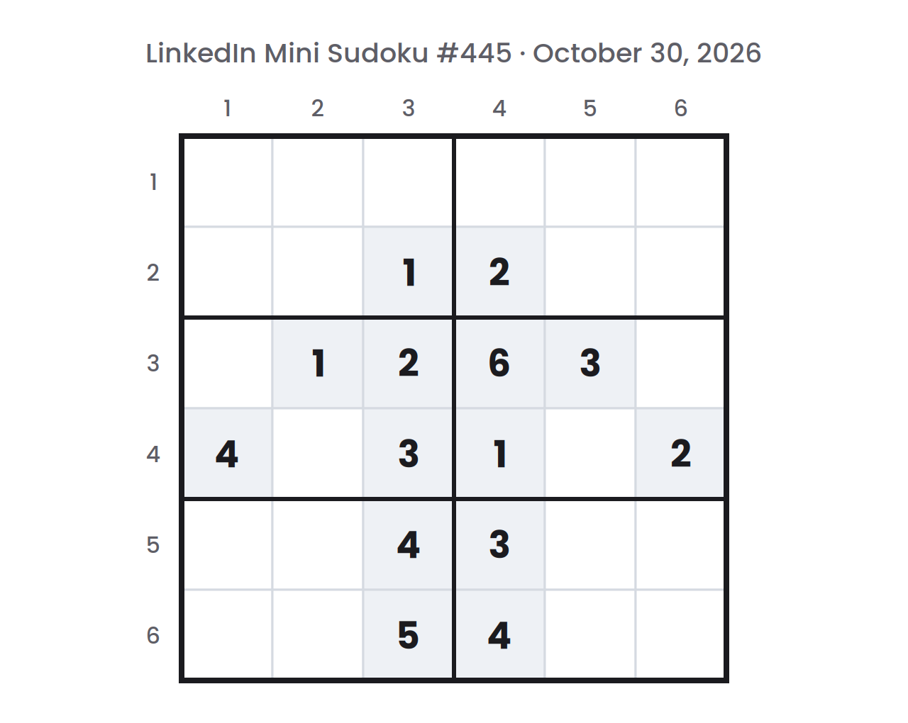 LinkedIn Mini Sudoku board for October 30, 2026 as the game starts: a six by six grid in six regions, with given numbers on gray cells and row and column numbers