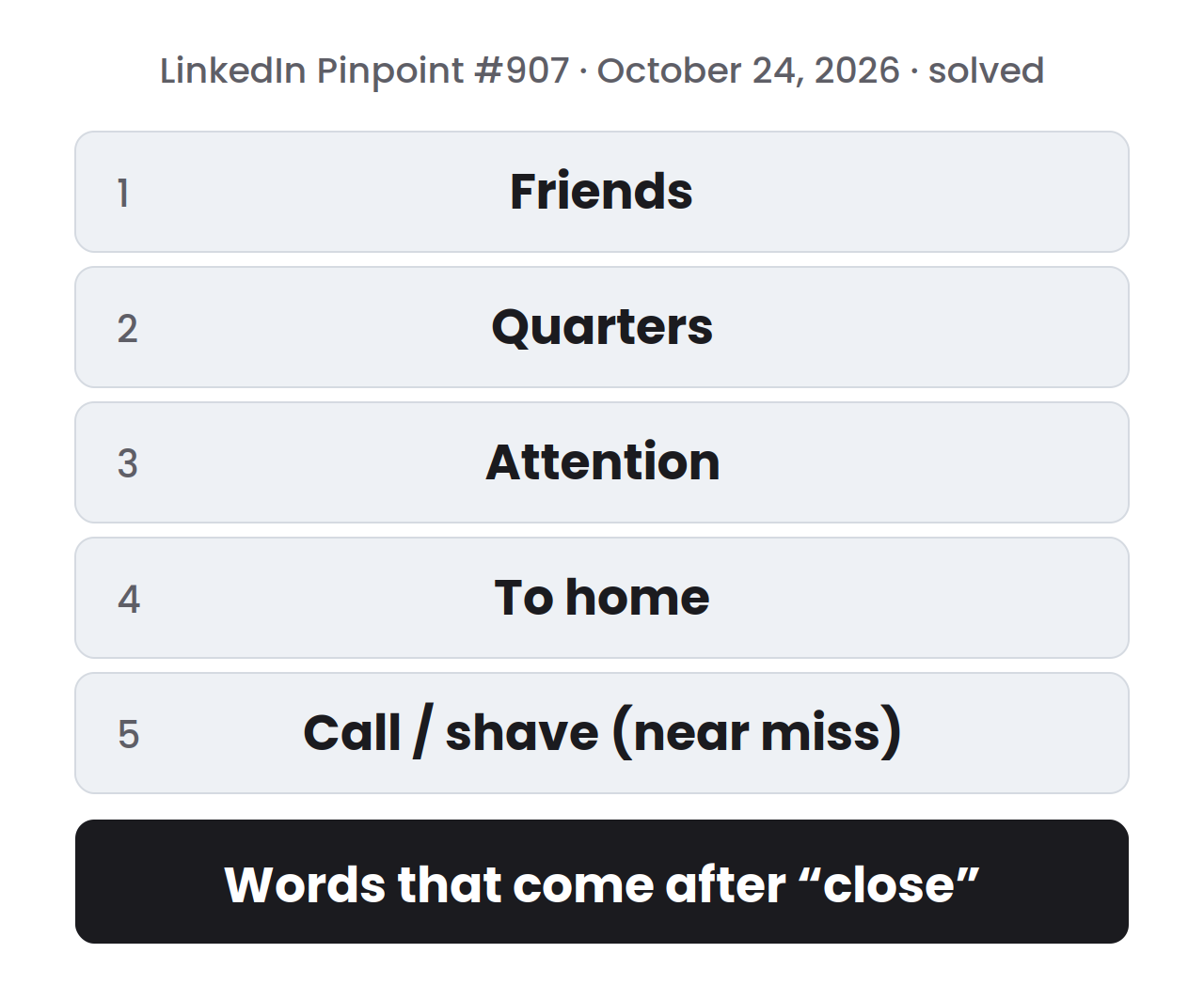 Solved LinkedIn Pinpoint puzzle for October 24, 2026, with five numbered clue rows, and a dark row under them that reads: Words that come after “close”