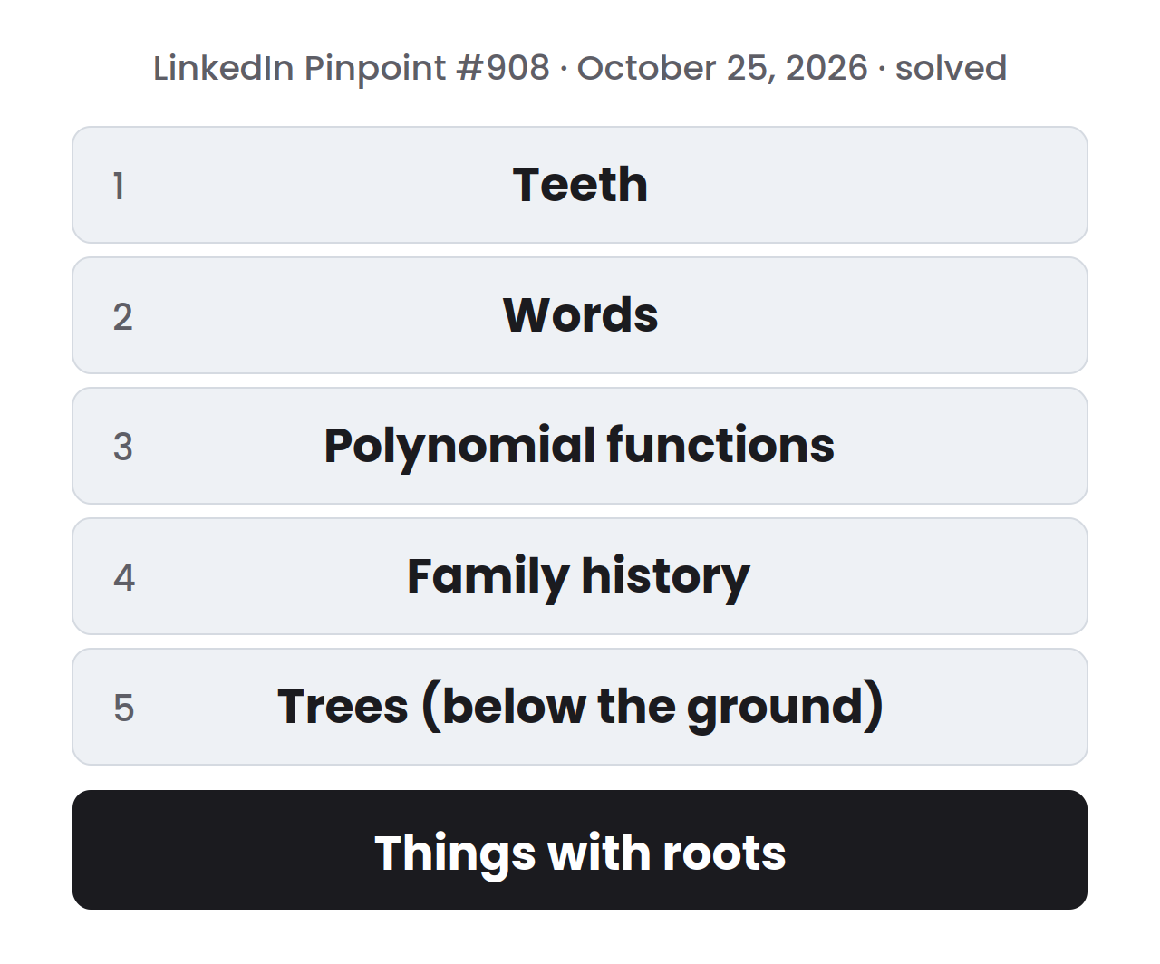 Solved LinkedIn Pinpoint puzzle for October 25, 2026, with five numbered clue rows, and a dark row under them that reads: Things with roots