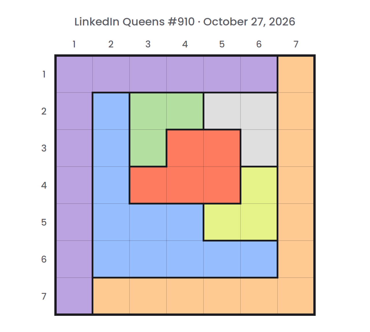 LinkedIn Queens board for October 27, 2026 before any queen is placed: a 7×7 grid of color regions with row and column numbers