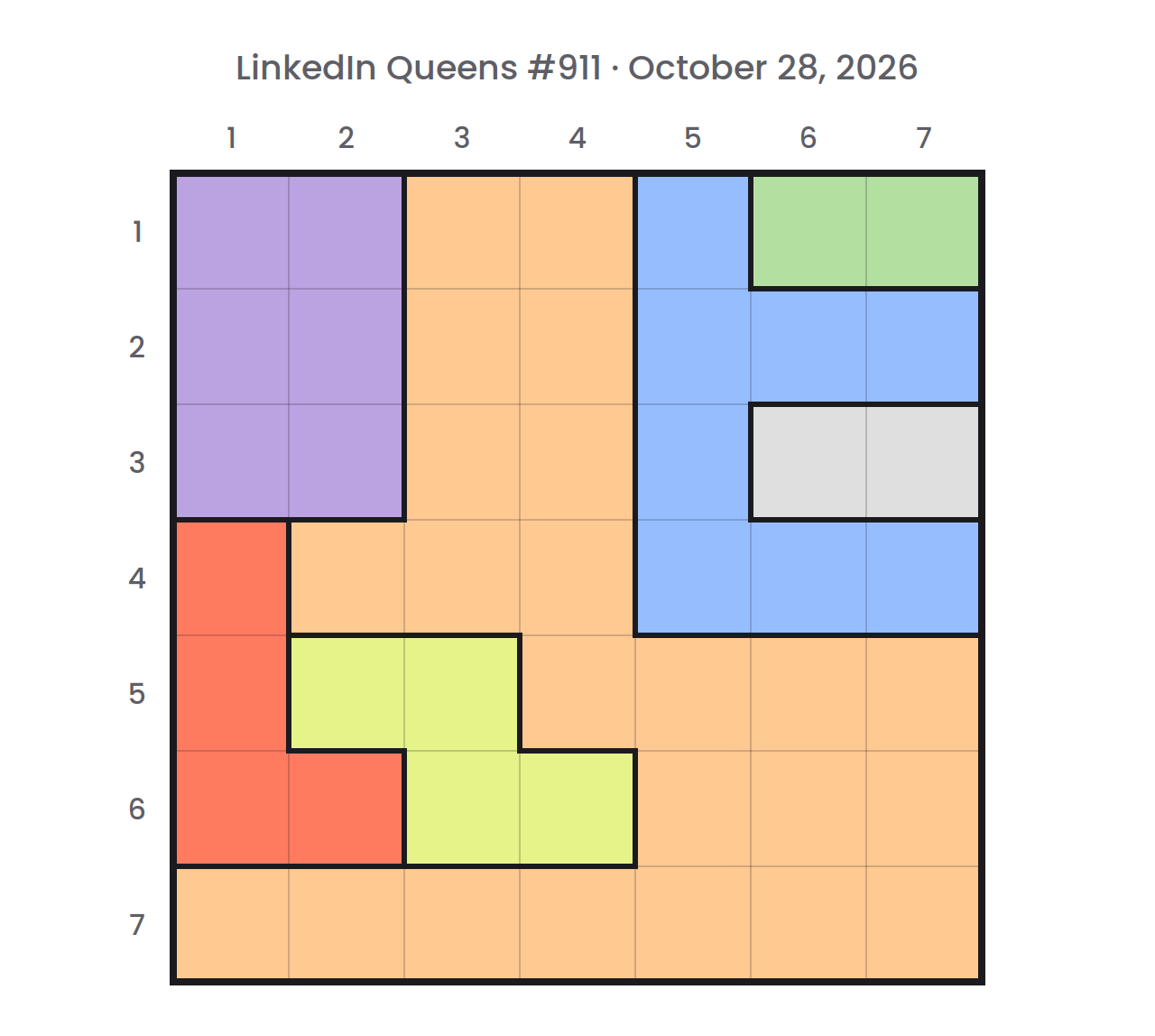 LinkedIn Queens board for October 28, 2026 before any queen is placed: a 7×7 grid of color regions with row and column numbers