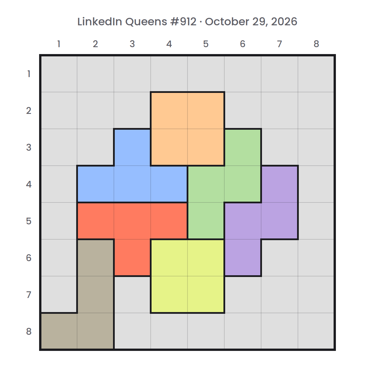 LinkedIn Queens board for October 29, 2026 before any queen is placed: a 8×8 grid of color regions with row and column numbers