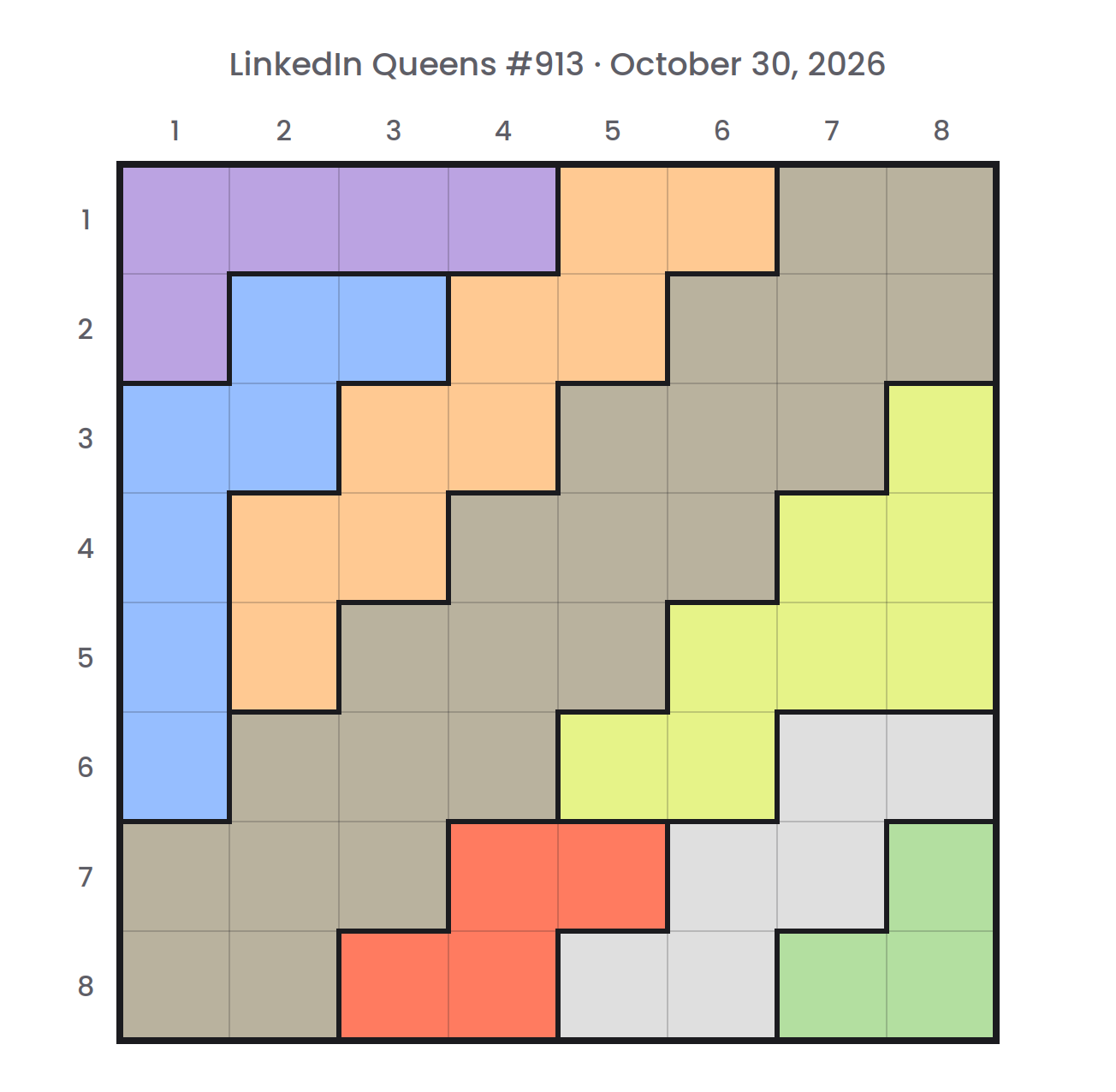 LinkedIn Queens board for October 30, 2026 before any queen is placed: a 8×8 grid of color regions with row and column numbers