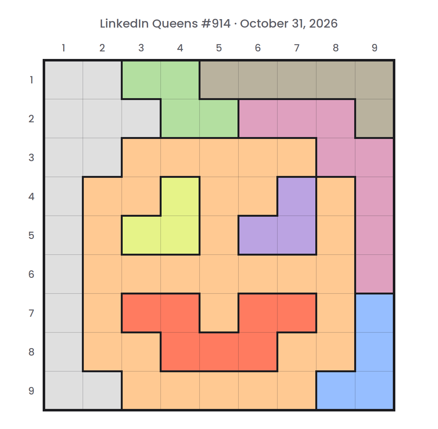 LinkedIn Queens board for October 31, 2026 before any queen is placed: a 9×9 grid of color regions with row and column numbers