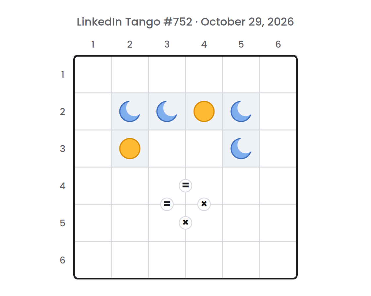 LinkedIn Tango board for October 29, 2026 as the game starts: a 6×6 grid with some suns and moons on gray cells, = and × signs between some cells, and row and column numbers