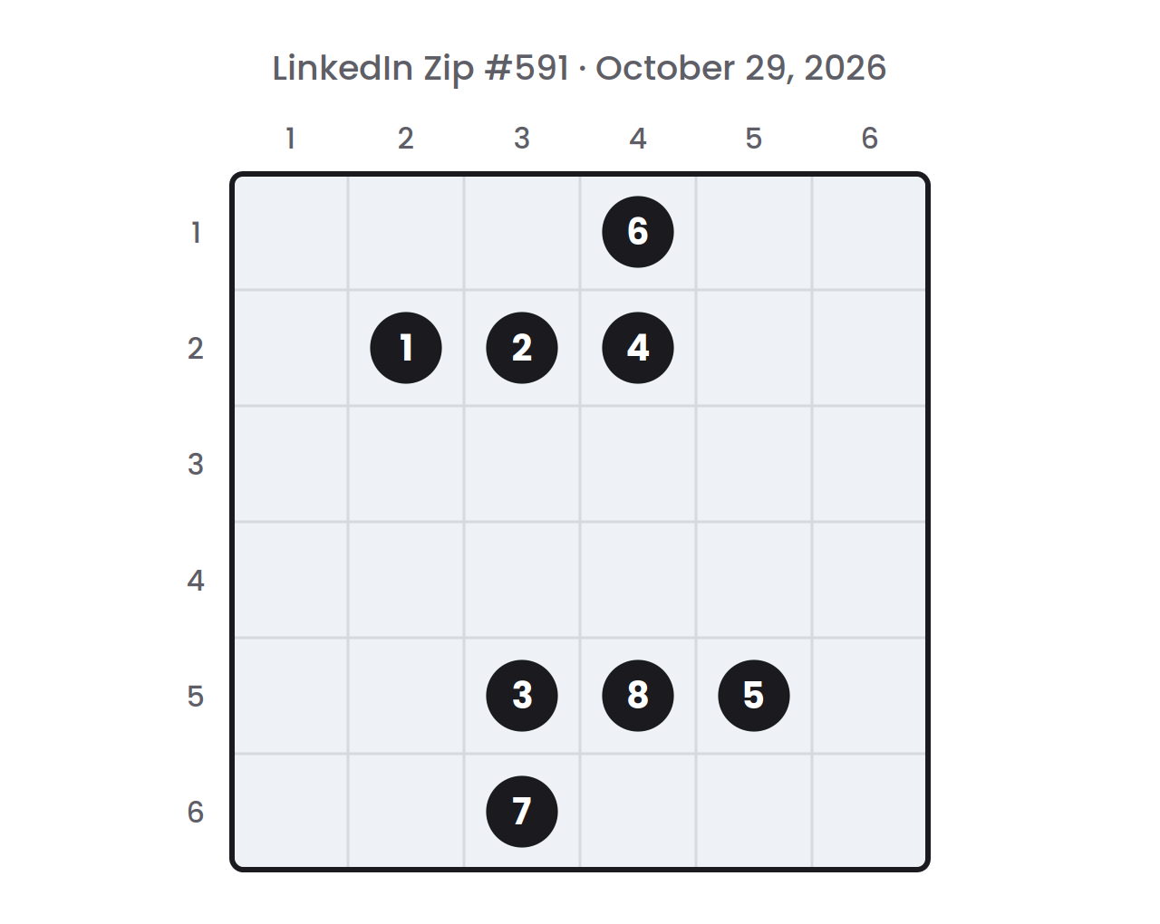 LinkedIn Zip board for October 29, 2026 before the path is drawn: a 6×6 grid with numbers 1 to 8 in dark circles, row and column numbers, and any walls shown as thick dark lines