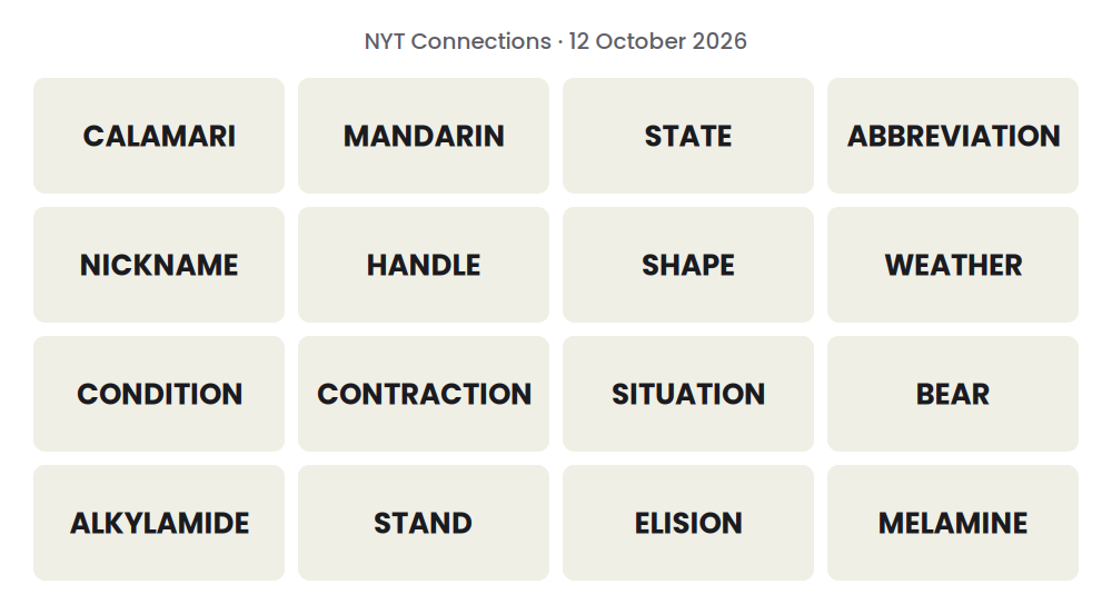 Unsolved 16-word NYT Connections grid for 12 October 2026.