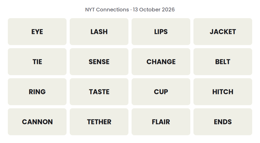 Unsolved 16-word NYT Connections grid for 13 October 2026.
