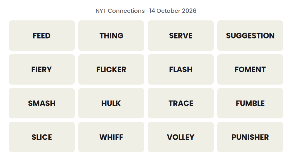 Unsolved 16-word NYT Connections grid for 14 October 2026.