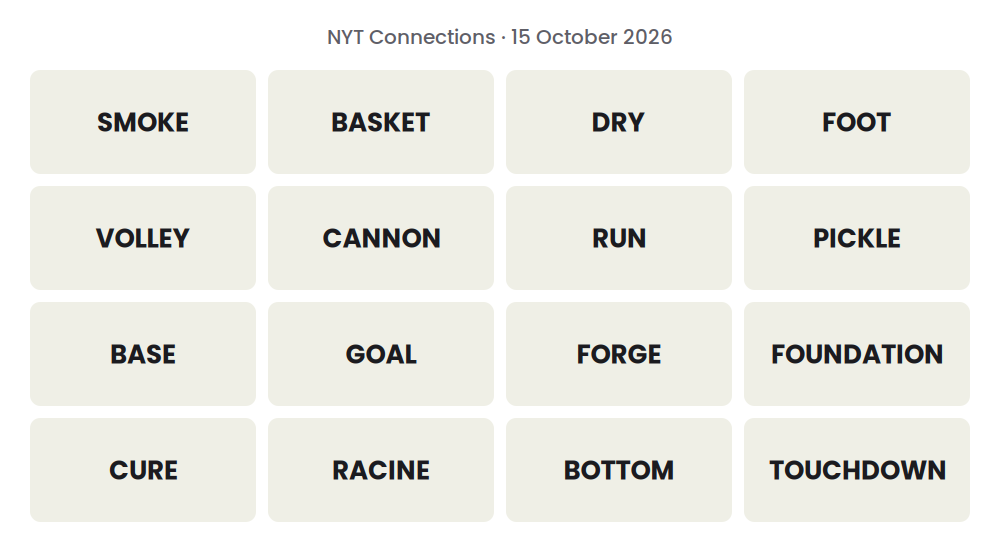 Unsolved 16-word NYT Connections grid for 15 October 2026.