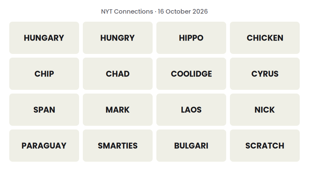Unsolved 16-word NYT Connections grid for 16 October 2026.