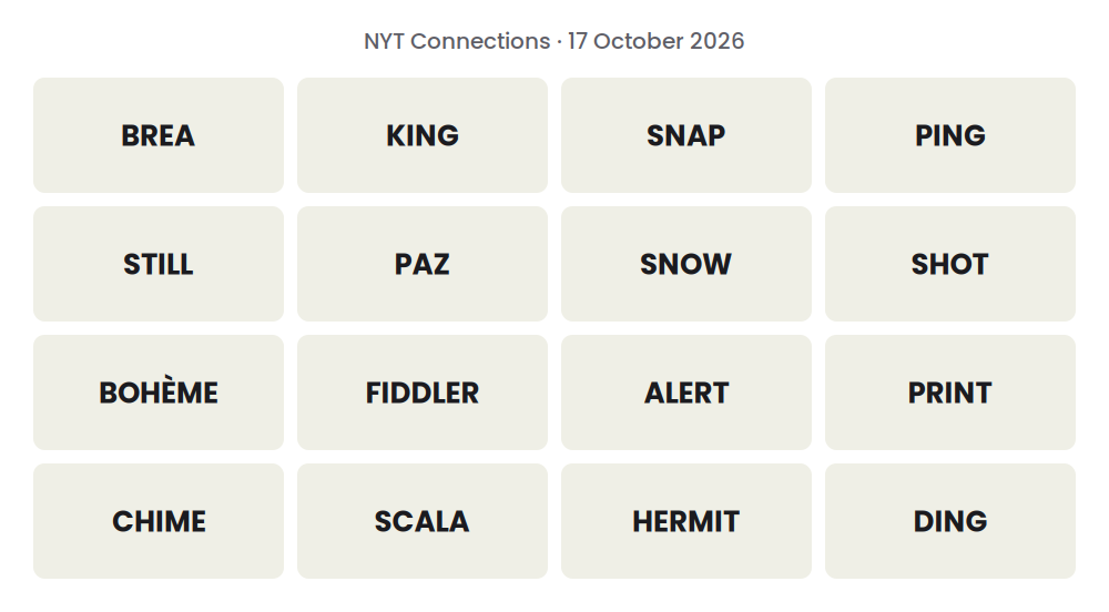 Unsolved 16-word NYT Connections grid for 17 October 2026.