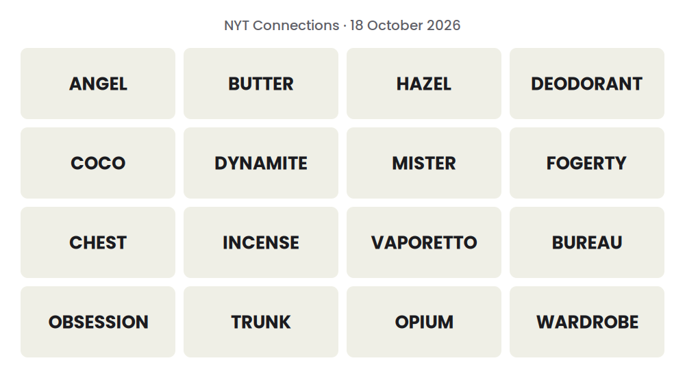 Unsolved 16-word NYT Connections grid for 18 October 2026.