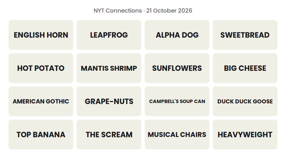 Unsolved 16-word NYT Connections grid for 21 October 2026.