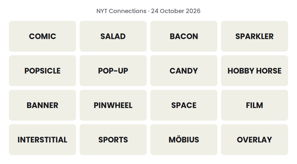 Unsolved 16-word NYT Connections grid for 24 October 2026.