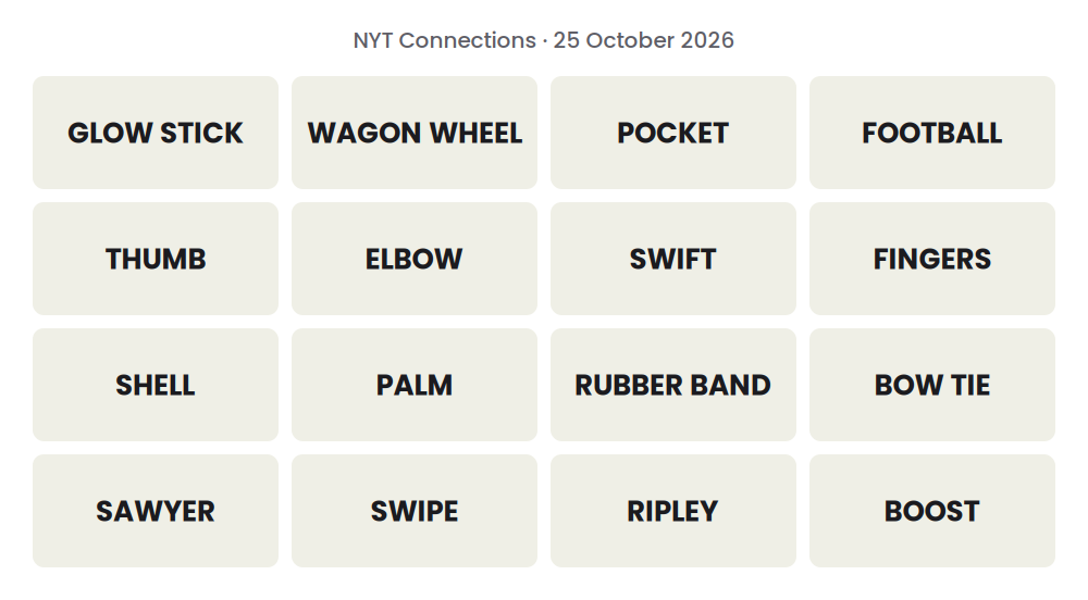 Unsolved 16-word NYT Connections grid for 25 October 2026.