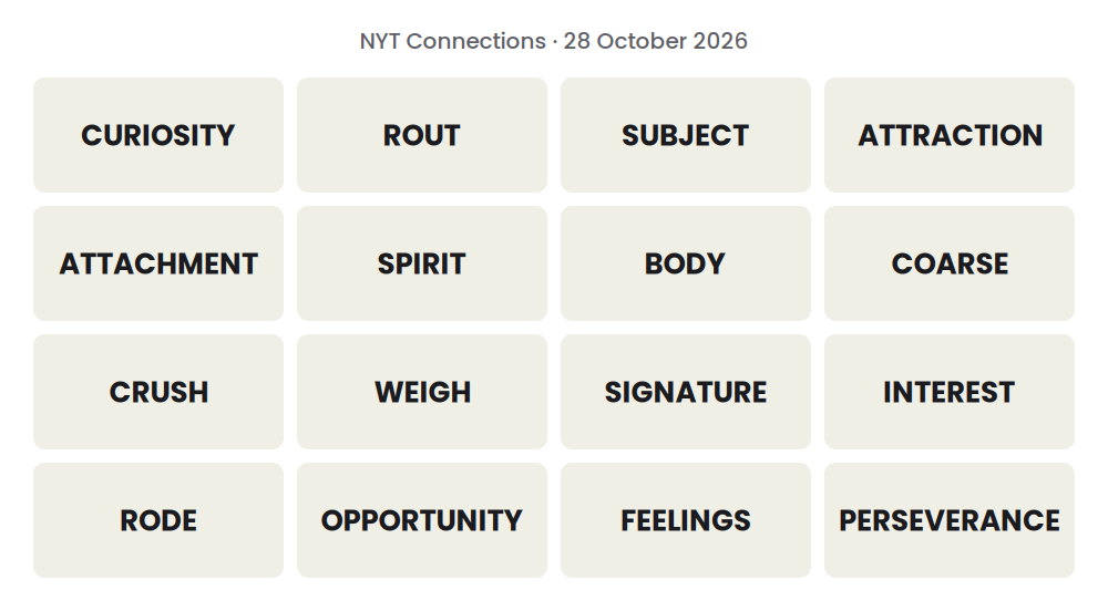 Unsolved 16-word NYT Connections grid for 28 October 2026.