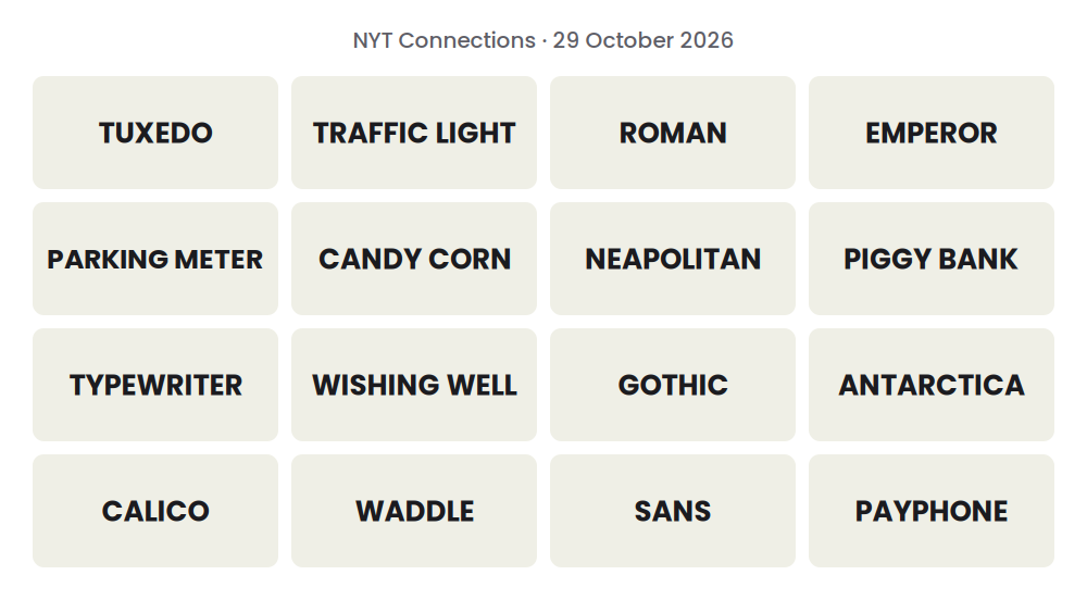 Unsolved 16-word NYT Connections grid for 29 October 2026.