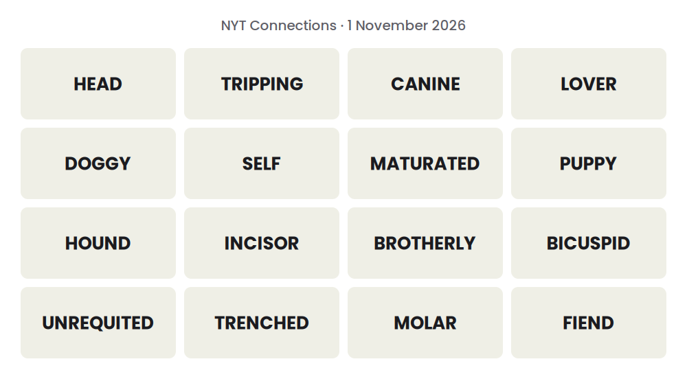 Unsolved 16-word NYT Connections grid for 1 November 2026.