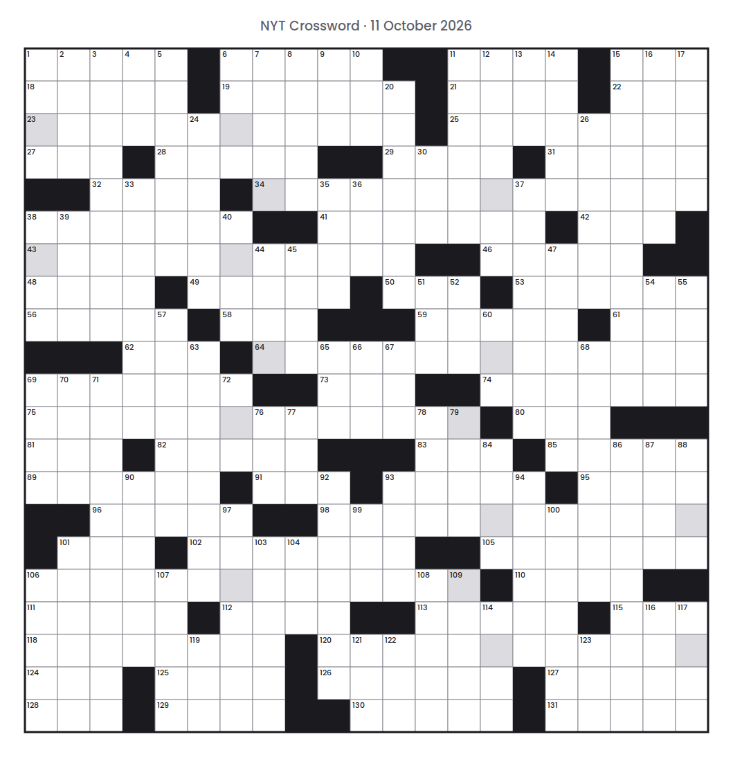Empty NYT Crossword puzzle grid for 11 October 2026, 21 squares wide and 21 squares high, with answer numbers in their squares and no letters.